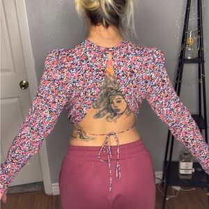 AFRM Floral Backless Long Sleeve Crop Top